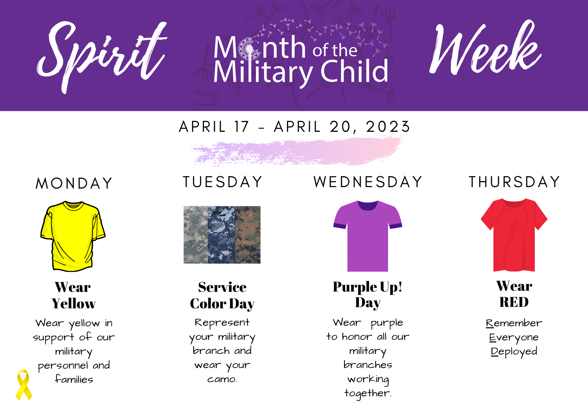 image showing themes for each day of month of military child spirit week