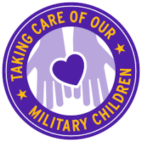 Icon of purple hands holding a purple hear and the text "taking care of our military children"